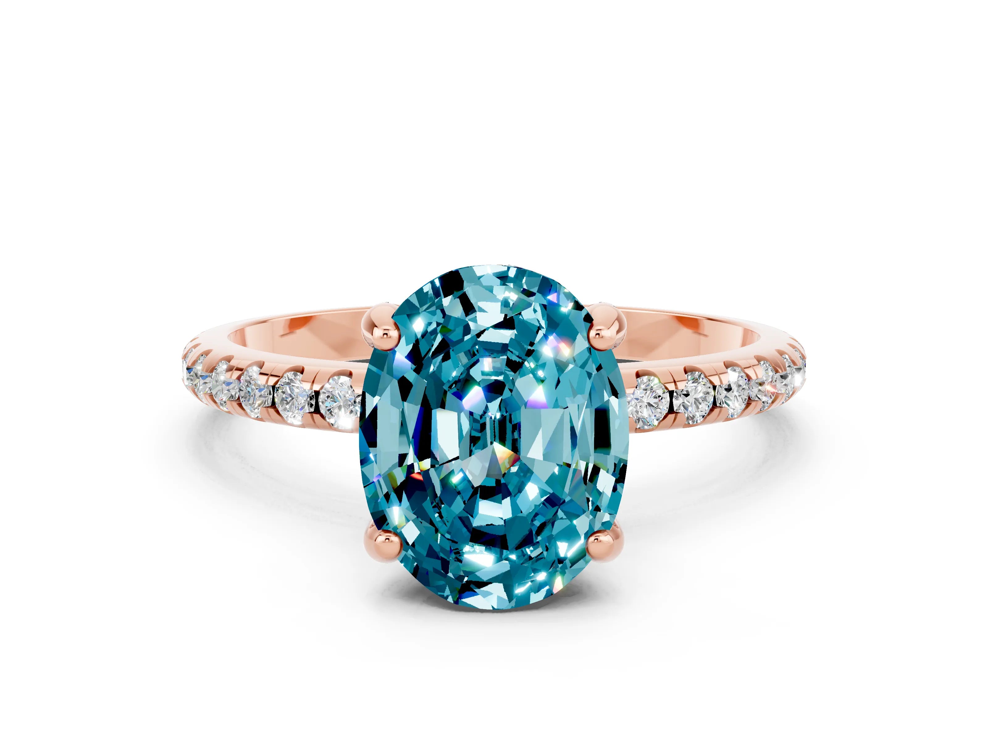 Rose gold Oval Cut Diamond Solitaire Ring with Four-Prong Setting and Pavé Band