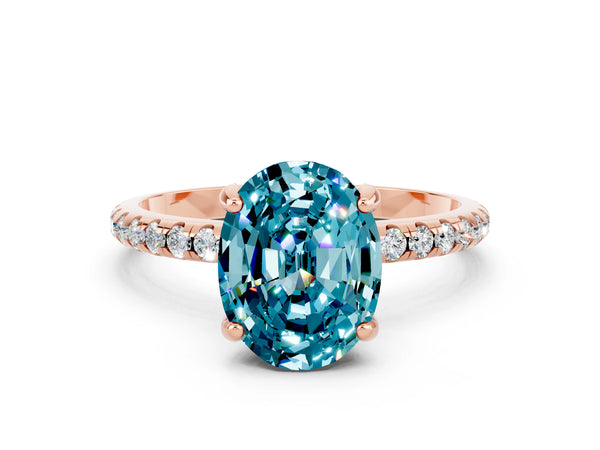 Rose gold Oval Cut Diamond Solitaire Ring with Four-Prong Setting and Pavé Band