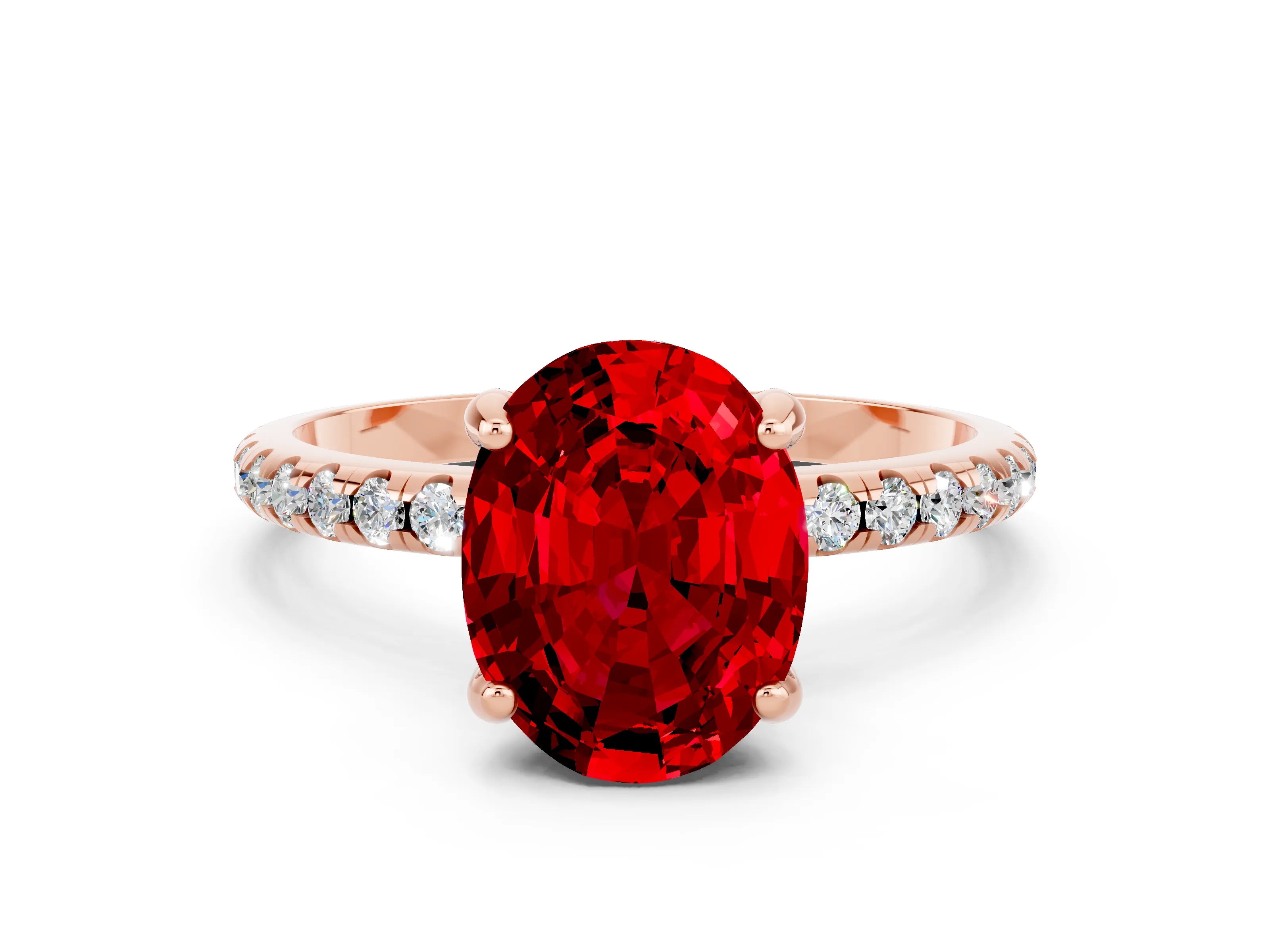 Rose gold Oval Cut Diamond Solitaire Ring with Four-Prong Setting and Pavé Band