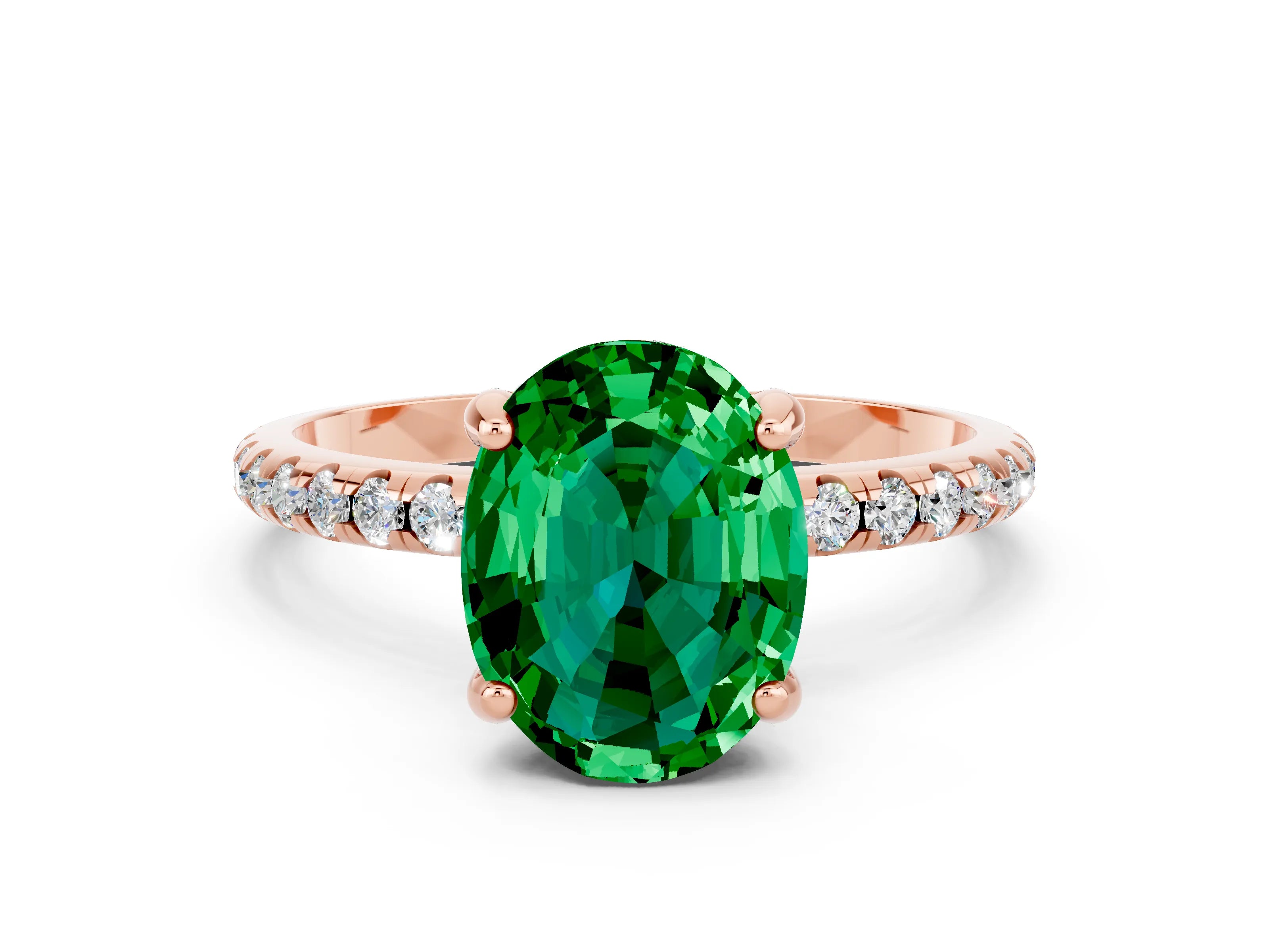 Rose gold Oval Cut Diamond Solitaire Ring with Four-Prong Setting and Pavé Band