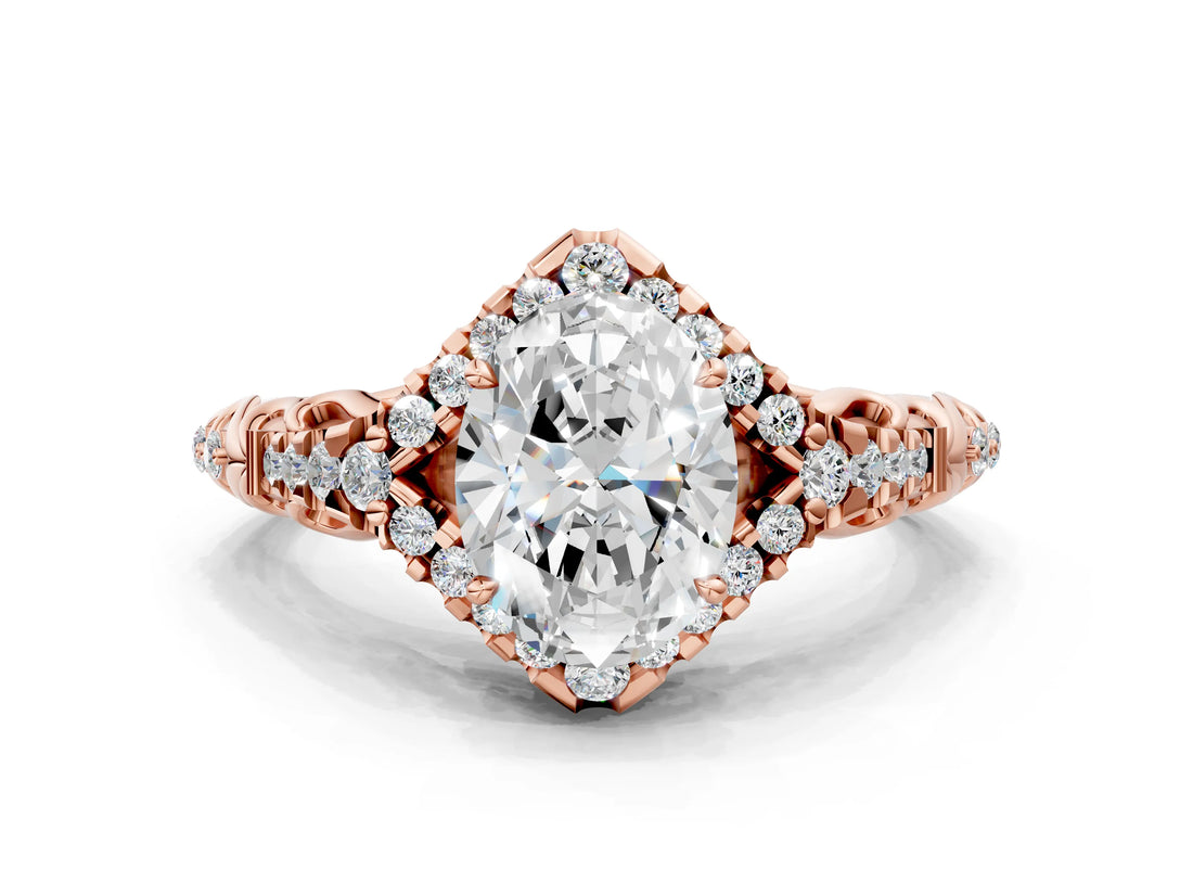 Rose gold Oval Cut Diamond Solitaire Ring with Hidden Halo and Pavé Band_27