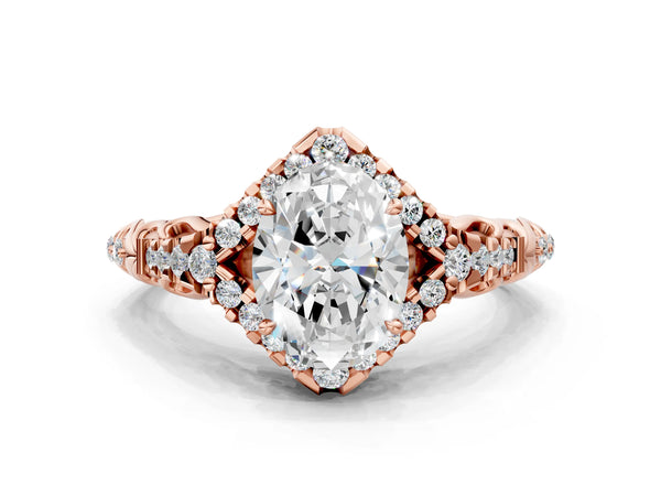 Rose Gold Oval Hidden Halo Vintage Filigree Engagement Ring Setting with Pave Band