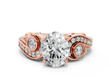 Rose gold Oval Cut Diamond Solitaire Ring with Milgrain Pavé Band and Four-Prong Setting_183