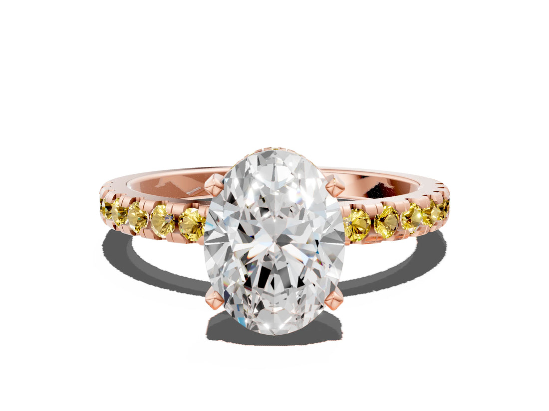 Rose gold Oval Cut Diamond Solitaire Ring with Pavé Band and Four-Prong Setting