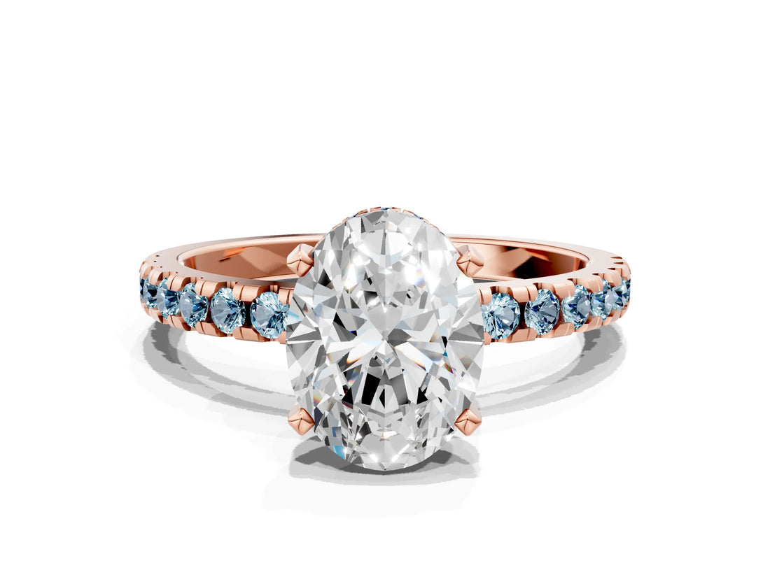 Rose gold Oval Cut Diamond Solitaire Ring with Pavé Band and Four-Prong Setting