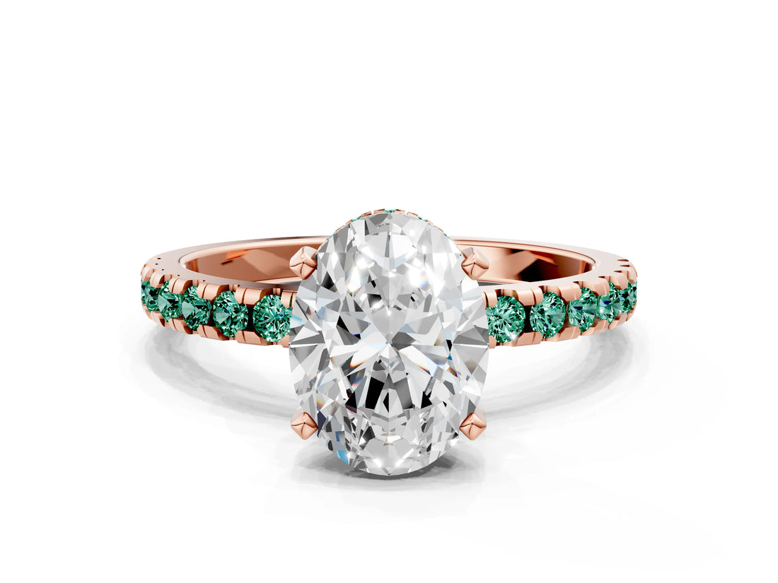 Rose gold Oval Cut Diamond Solitaire Ring with Pavé Band and Four-Prong Setting