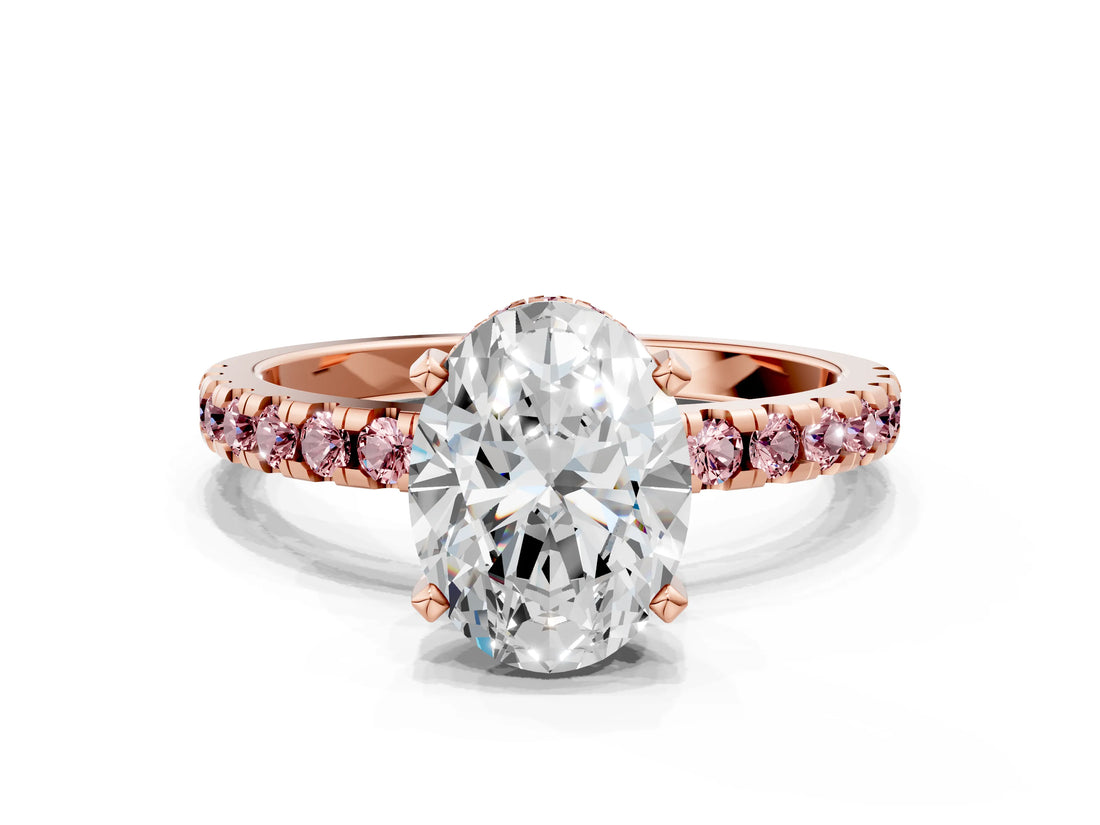 Rose gold Oval Cut Diamond Solitaire Ring with Pavé Band and Four-Prong Setting