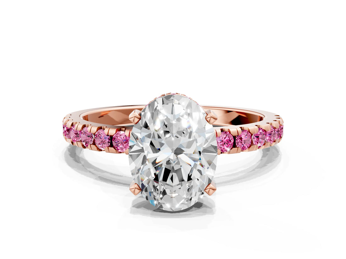 Rose gold Oval Cut Diamond Solitaire Ring with Pavé Band and Four-Prong Setting