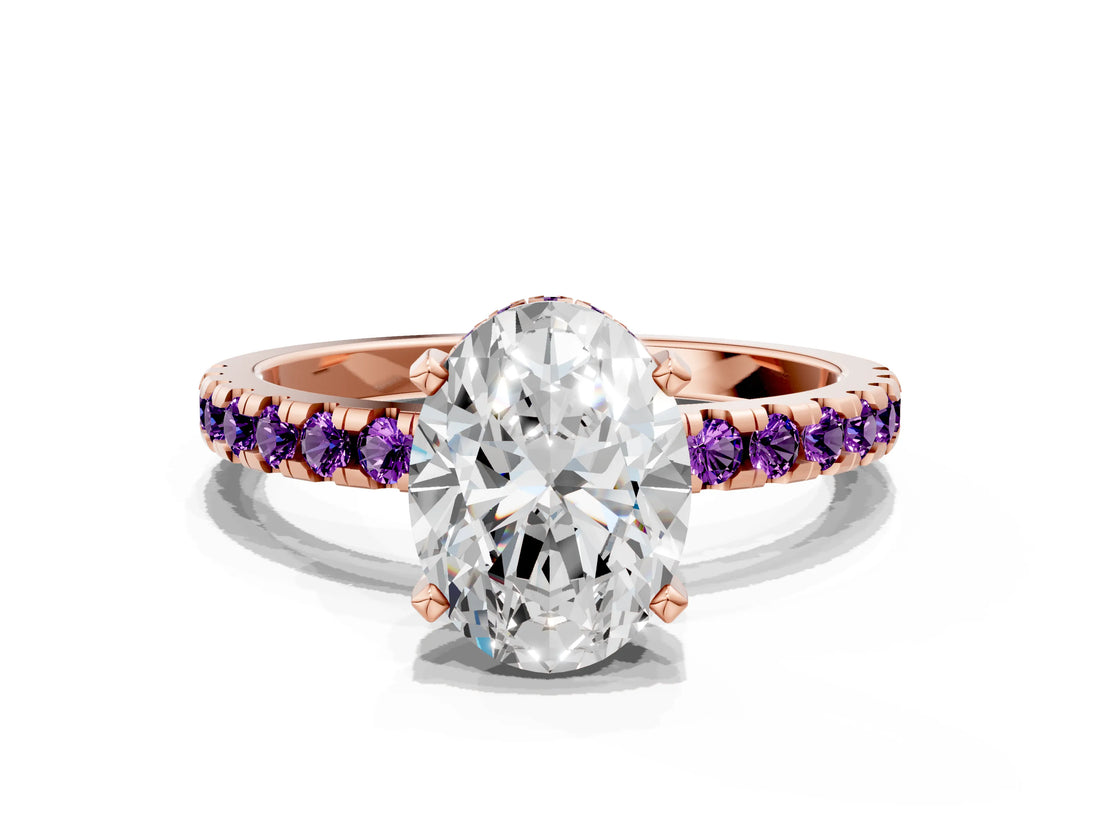 Rose gold Oval Cut Diamond Solitaire Ring with Pavé Band and Four-Prong Setting