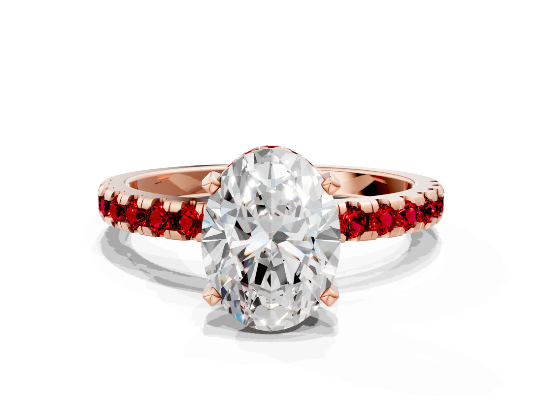 Rose gold Oval Cut Diamond Solitaire Ring with Pavé Band and Four-Prong Setting