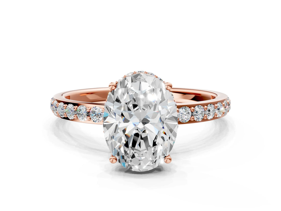 Rose gold Oval Cut Diamond Solitaire Ring with Pavé Band and Hidden Halo_23
