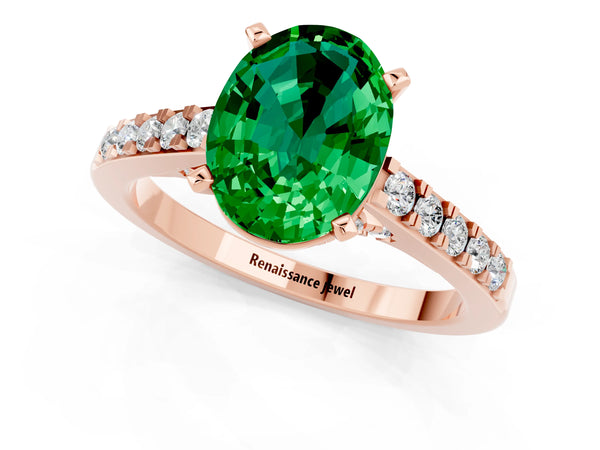 Rose gold Oval Cut Emerald Solitaire Ring with Crossover Gallery and Round  Pavé Band