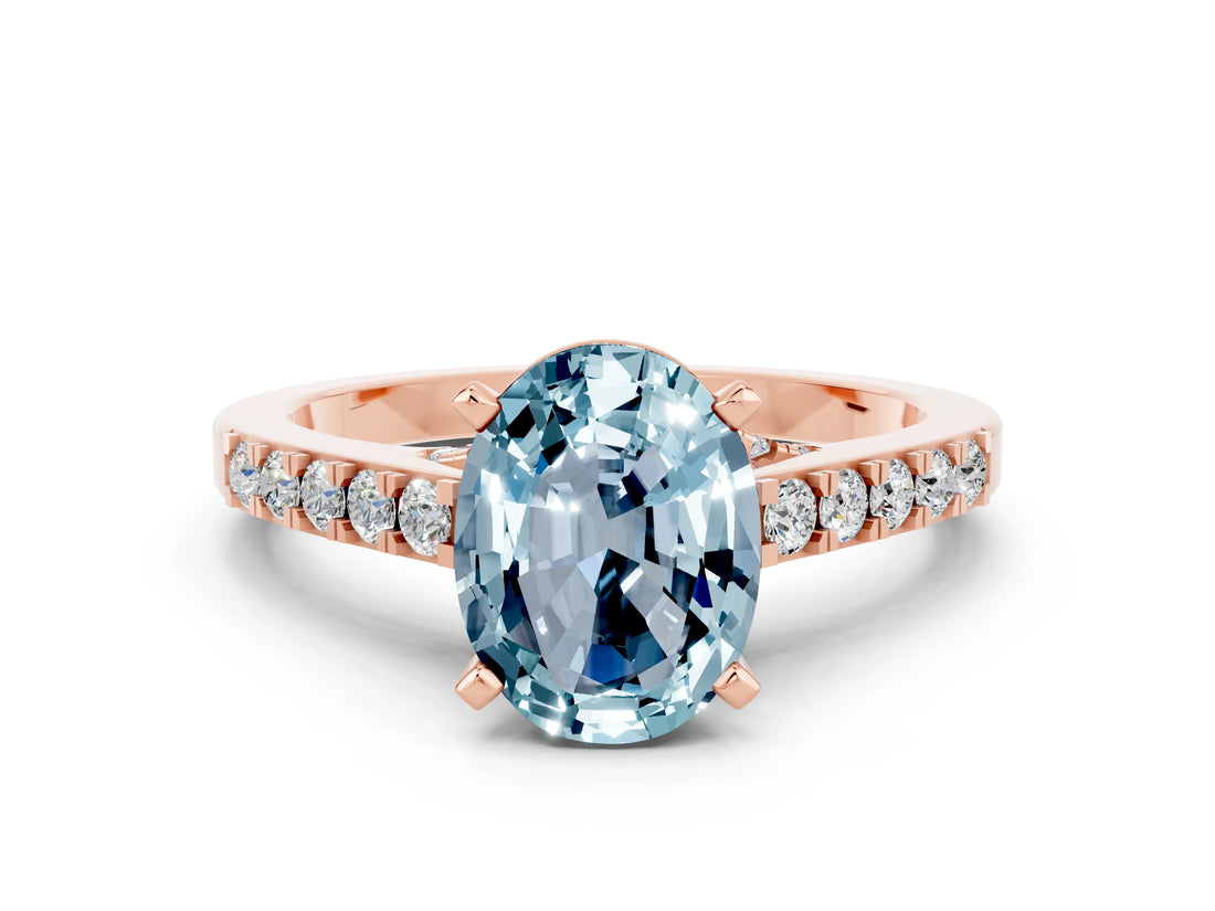 Rose gold Oval Cut Diamond Solitaire Ring with Pavé Band and Prong Setting