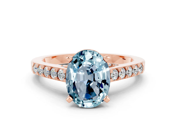 Rose gold Oval Cut Aquamarine Solitaire Ring with Crossover Gallery and Round  Pavé Band