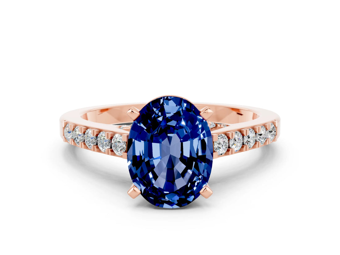 Rose gold Oval Cut Diamond Solitaire Ring with Pavé Band and Prong Setting