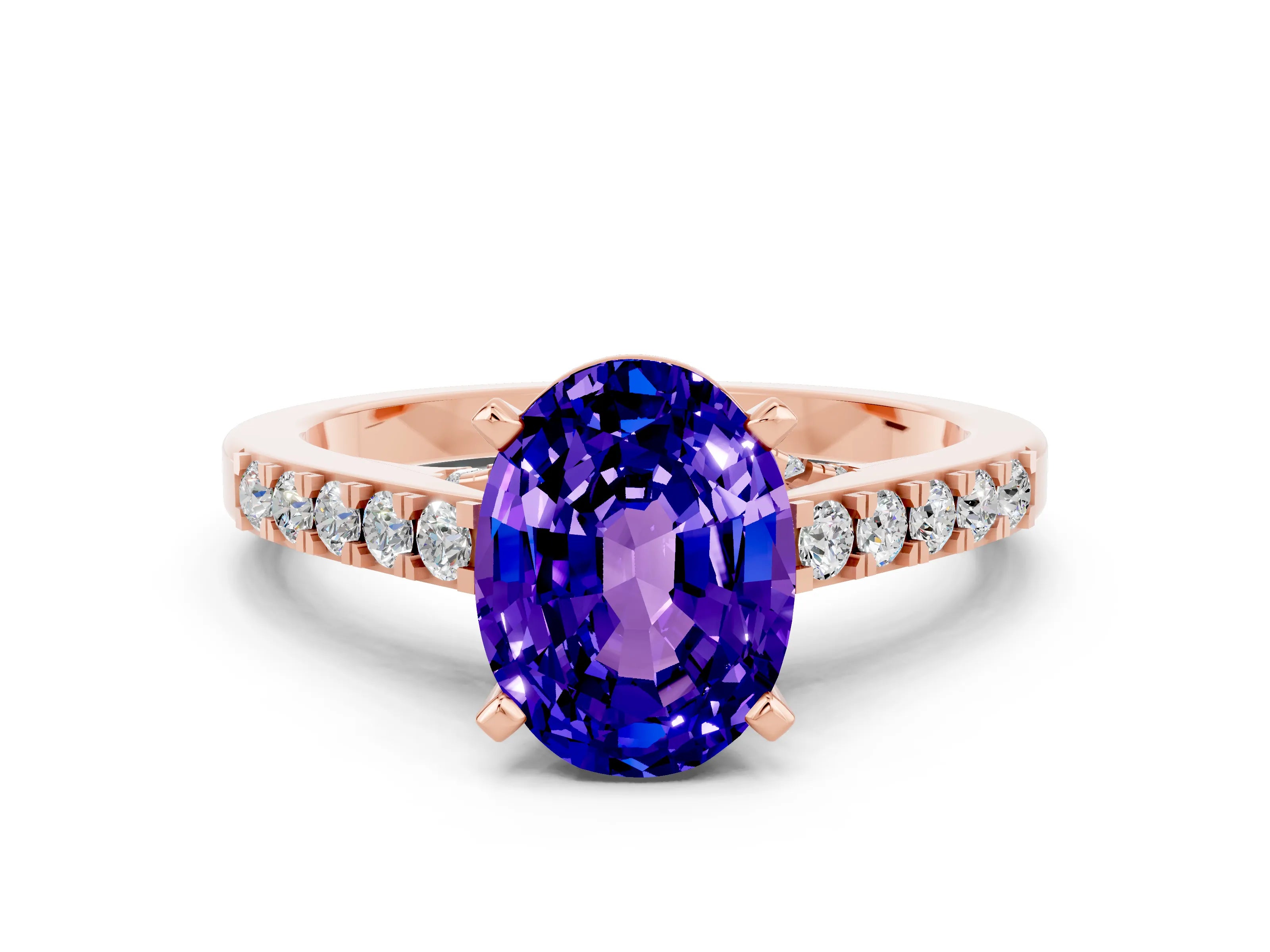 Rose gold Oval Cut Diamond Solitaire Ring with Pavé Band and Prong Setting