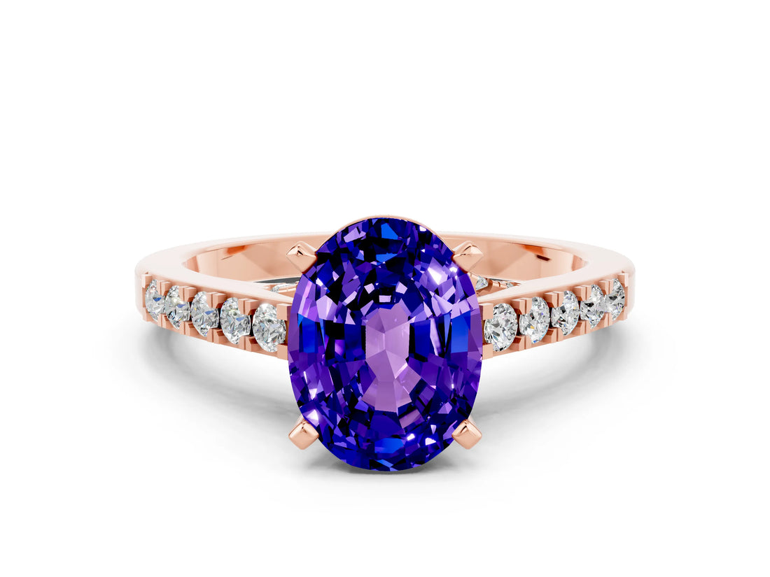 Rose gold Oval Cut Diamond Solitaire Ring with Pavé Band and Prong Setting