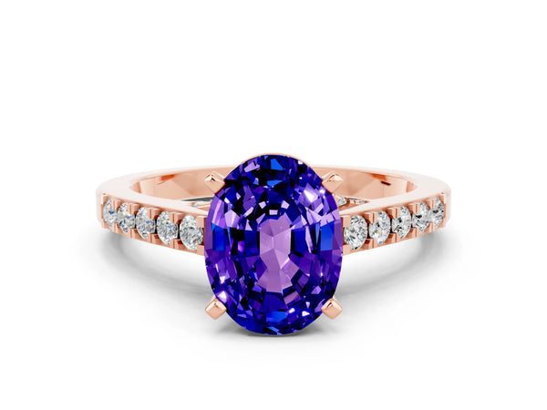 Rose gold Oval Cut Tanzanite Solitaire Ring with Crossover Gallery and Round  Pavé Band