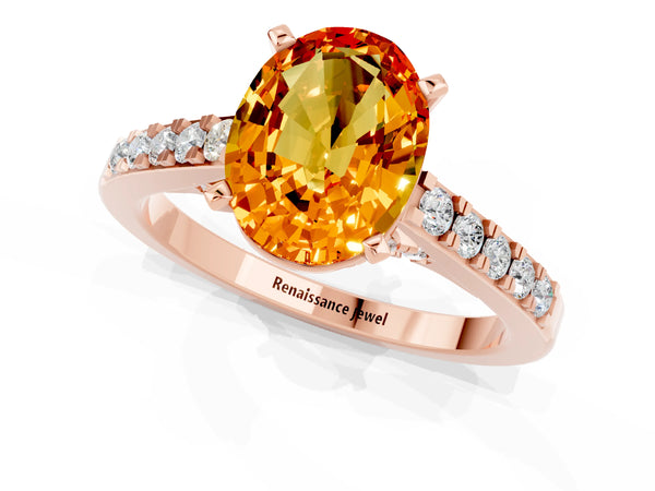 Rose gold Oval Cut Citrine Solitaire Ring with Crossover Gallery and Round  Pavé Band