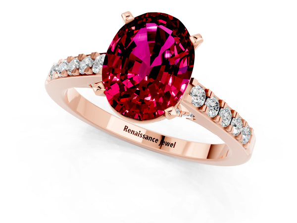Rose gold Oval Cut Garnet Solitaire Ring with Crossover Gallery and Round  Pavé Band