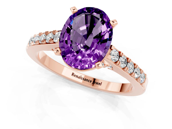 Rose gold Oval Cut Amethyst Solitaire Ring with Crossover Gallery and Round  Pavé Band