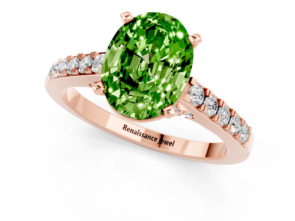 Rose gold Oval Cut Peridot Solitaire Ring with Crossover Gallery and Round  Pavé Band