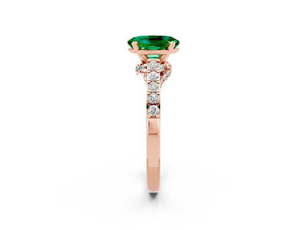 Rose gold Oval Cut Emerald Solitaire Ring with Crossover Gallery and Round  Pavé Band