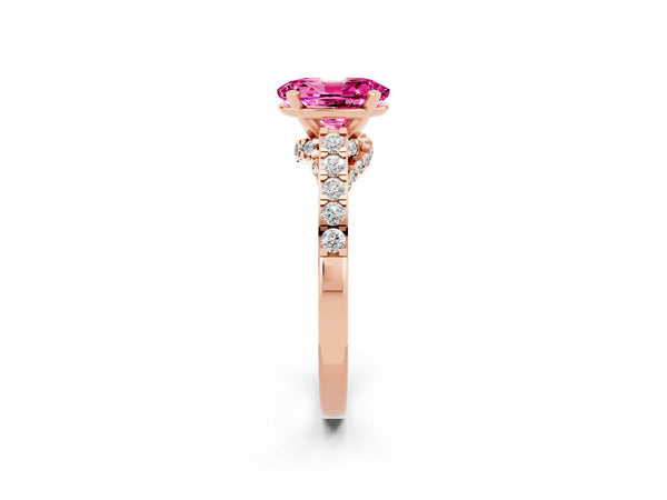 Rose gold Oval Cut Pink Sapphire Solitaire Ring with Crossover Gallery and Round  Pavé Band