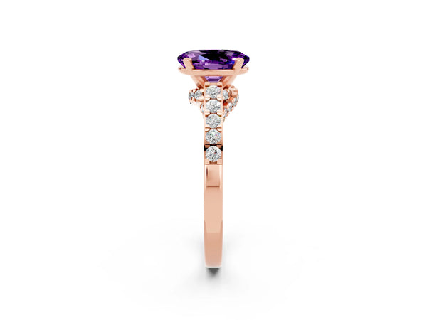 Rose gold Oval Cut Amethyst Solitaire Ring with Crossover Gallery and Round  Pavé Band