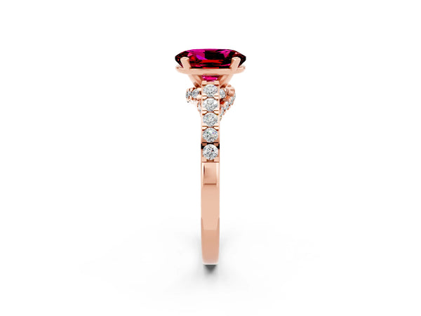 Rose gold Oval Cut Garnet Solitaire Ring with Crossover Gallery and Round  Pavé Band