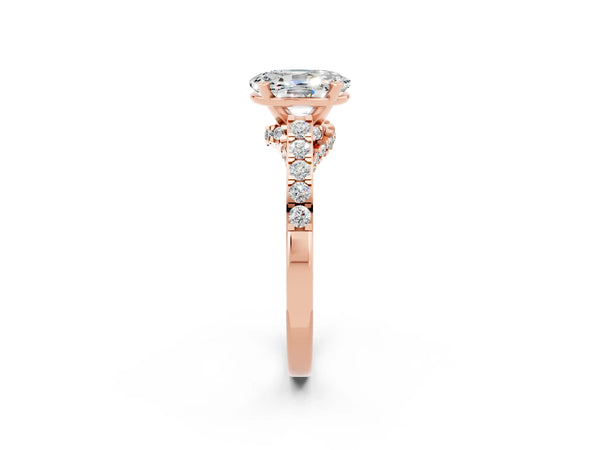 Rose gold Oval Cut Moissanite Solitaire Ring with Crossover Gallery and Round  Pavé Band