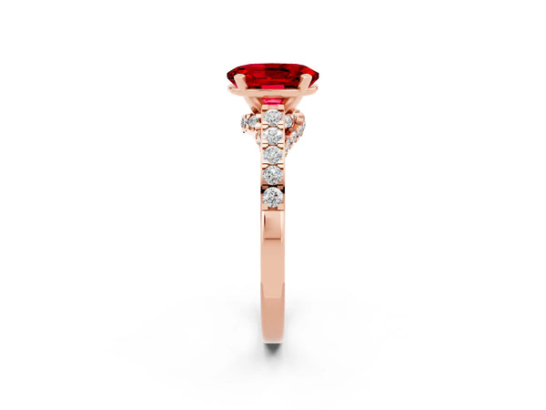 Rose gold Oval Cut Ruby Solitaire Ring with Crossover Gallery and Round  Pavé Band
