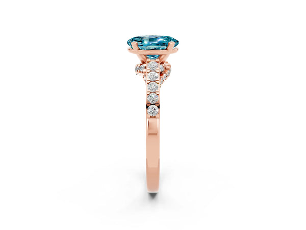 Rose gold Oval Cut Blue Topaz Solitaire Ring with Crossover Gallery and Round  Pavé Band