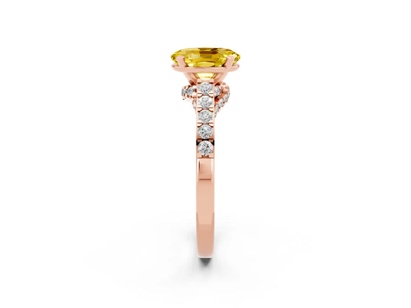 Rose gold Oval Cut Yellow Sapphire Solitaire Ring with Crossover Gallery and Round  Pavé Band