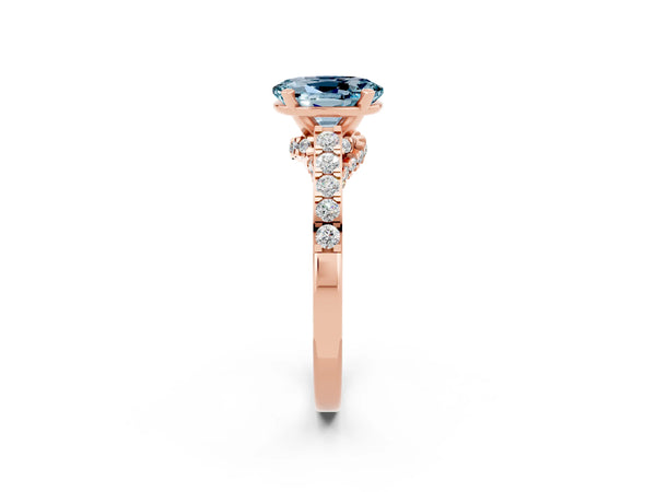 Rose gold Oval Cut Aquamarine Solitaire Ring with Crossover Gallery and Round  Pavé Band
