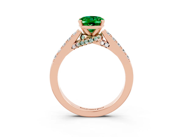 Rose gold Oval Cut Emerald Solitaire Ring with Crossover Gallery and Round  Pavé Band