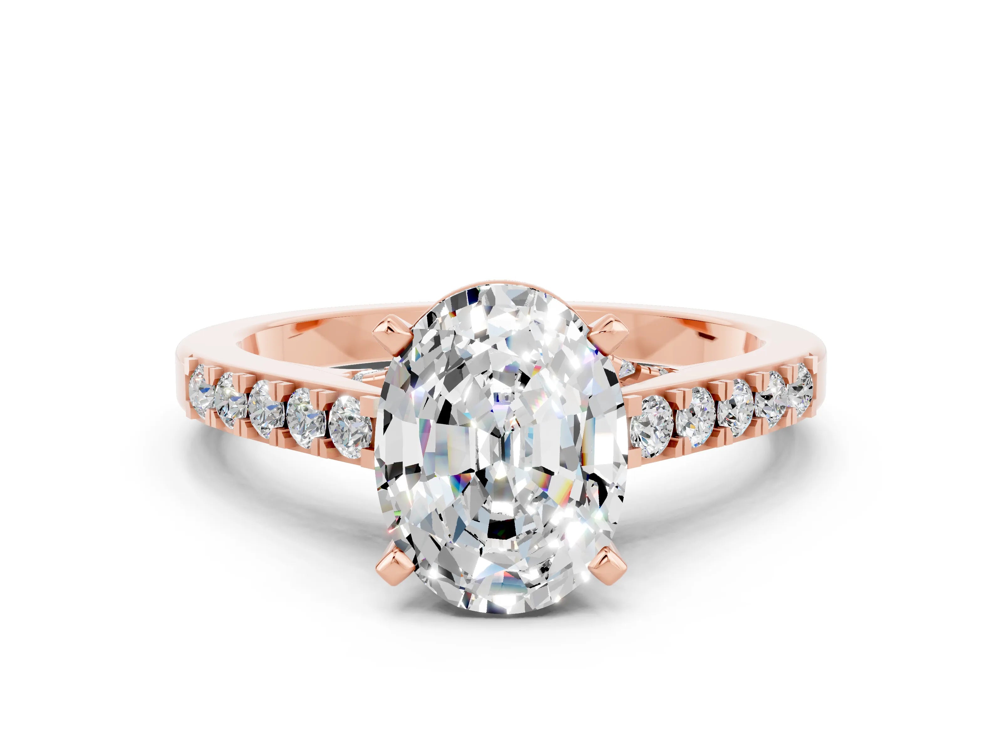 Rose gold Oval Cut Diamond Solitaire Ring with Pavé Band and Prong Setting