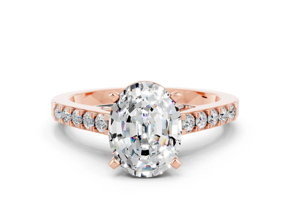 Rose gold Oval Cut Diamond Solitaire Ring with Pavé Band and Prong Setting