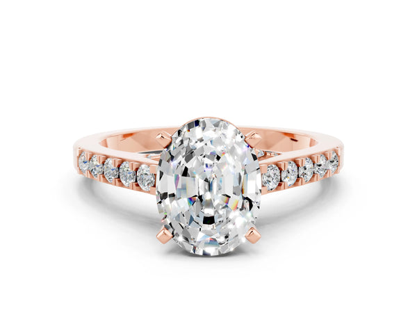 Rose gold Oval Cut Moissanite Solitaire Ring with Crossover Gallery and Round  Pavé Band