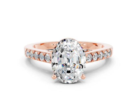 Rose gold Oval Cut Diamond Solitaire Ring with Pavé Band and Prong Setting
