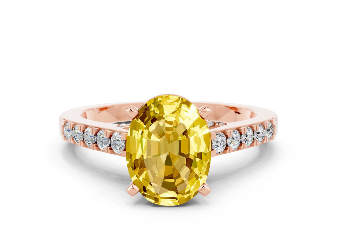 Rose gold Oval Cut Diamond Solitaire Ring with Pavé Band and Prong Setting