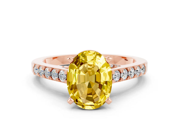 Rose gold Oval Cut Yellow Sapphire Solitaire Ring with Crossover Gallery and Round  Pavé Band