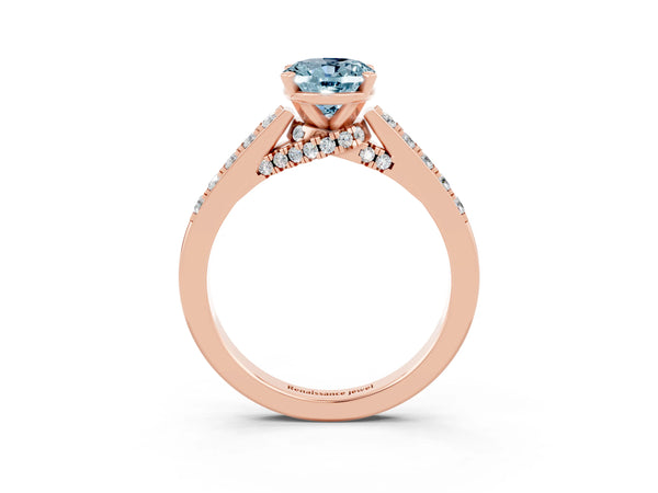 Rose gold Oval Cut Aquamarine Solitaire Ring with Crossover Gallery and Round  Pavé Band