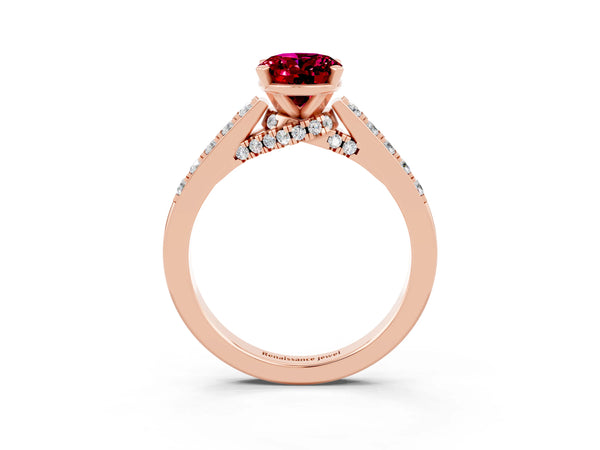 Rose gold Oval Cut Garnet Solitaire Ring with Crossover Gallery and Round  Pavé Band