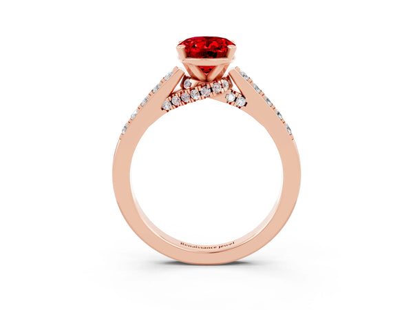 Rose gold Oval Cut Ruby Solitaire Ring with Crossover Gallery and Round  Pavé Band