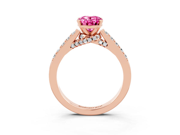 Rose gold Oval Cut Pink Sapphire Solitaire Ring with Crossover Gallery and Round  Pavé Band