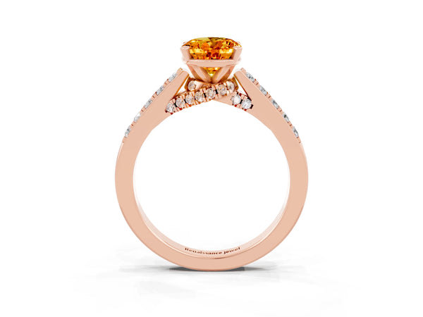 Rose gold Oval Cut Citrine Solitaire Ring with Crossover Gallery and Round  Pavé Band