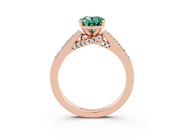 Rose gold Oval Cut Green Sapphire Solitaire Ring with Crossover Gallery and Round  Pavé Band