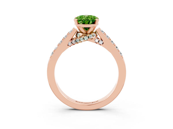 Rose gold Oval Cut Peridot Solitaire Ring with Crossover Gallery and Round  Pavé Band