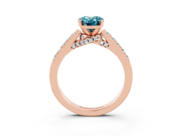 Rose gold Oval Cut Blue Topaz Solitaire Ring with Crossover Gallery and Round  Pavé Band